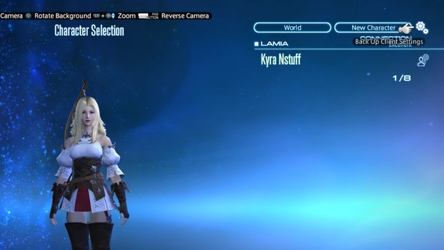 A screenshot of the character select screen in FF14 showing the option to back up client settings.